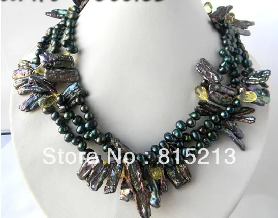 

FREE SHIPPING>@@> N1702 3Strands 18.5'' Black Baroque Biwa Freshwater Pearl Yellow Crystal Necklace