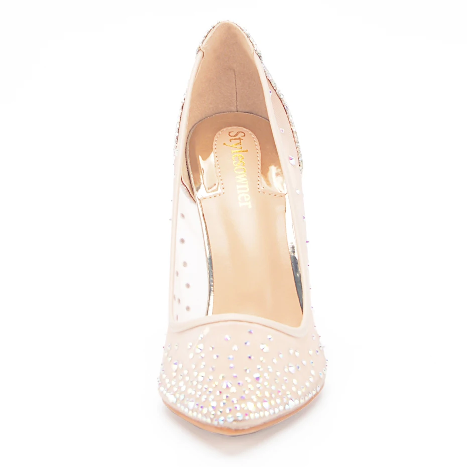 Stylesowner Hottest Lady Sexy Wedding Shoe Transparent Mesh Diamond Bling Shoes Pointed Toe Sequins Party High Heel Sapatos 41