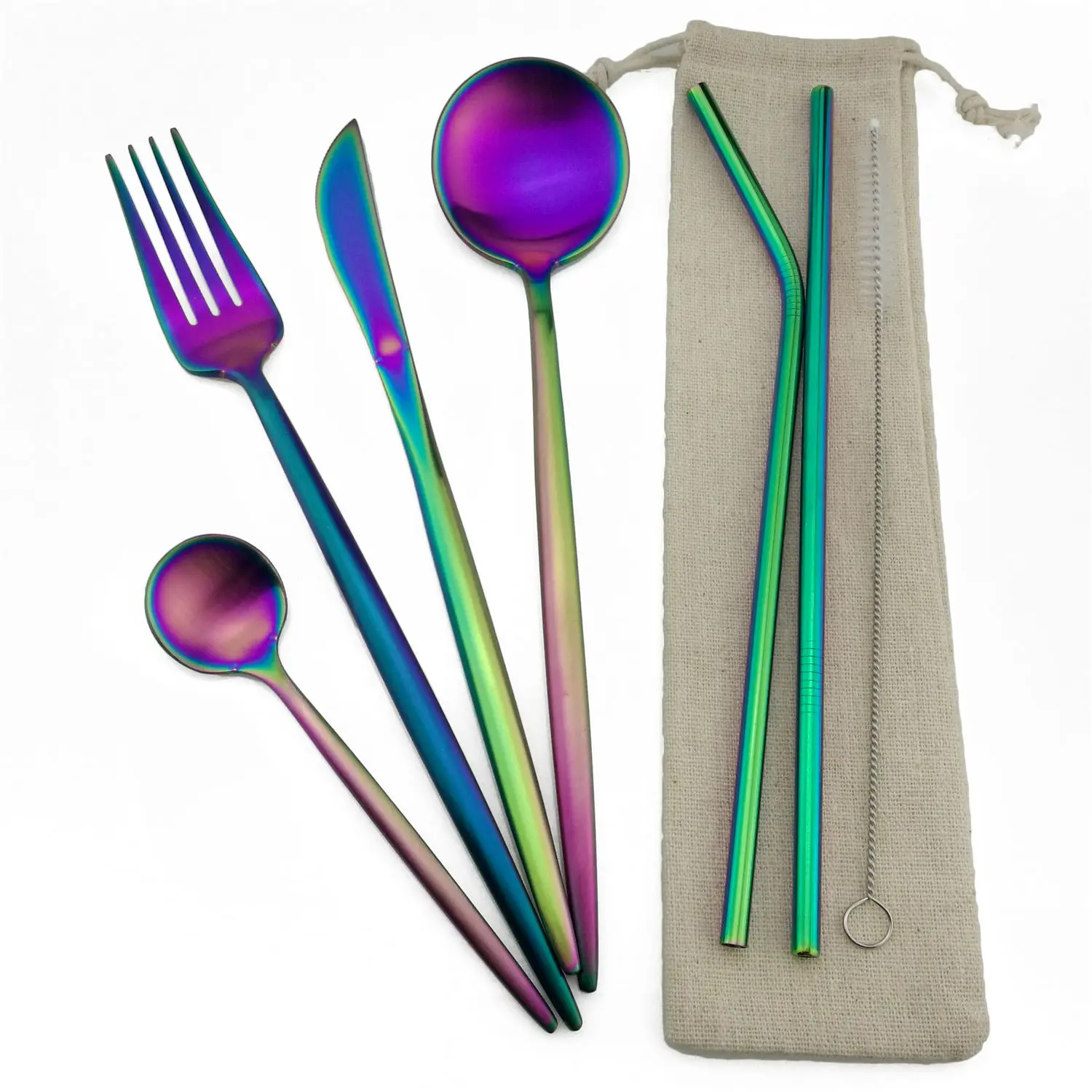 4Pcs Reusable Cutlery Set With Straws Brush Bag Silverware Set 18/10