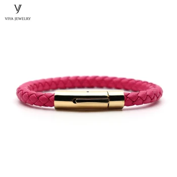 

Custom Charming Rose Red Cow Braided Leather Bracelet Women Fashion Simple Spring Button Bracelet Best Friendship Gift With Box