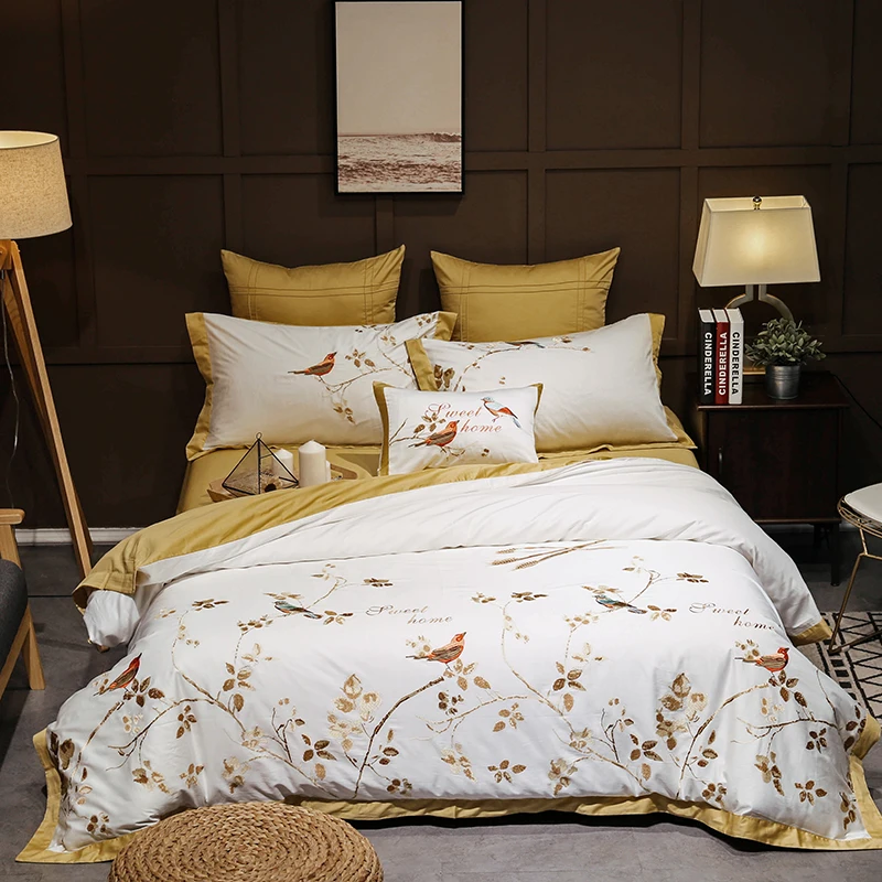 

White Classical Style Embroidery 60s Double Egyptian Long-staple Cotton Bedding Set Duvet Cover Bed Linen Bed Sheet Pillowcases