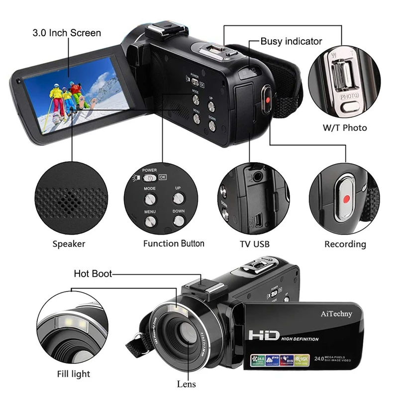 Видеокамера, цифровая видеокамера Full Hd 1080P 24.0Mp 3,0 дюймов Lcd 270 градусов вращающийся экран 16X цифровой зум Камера Recorde