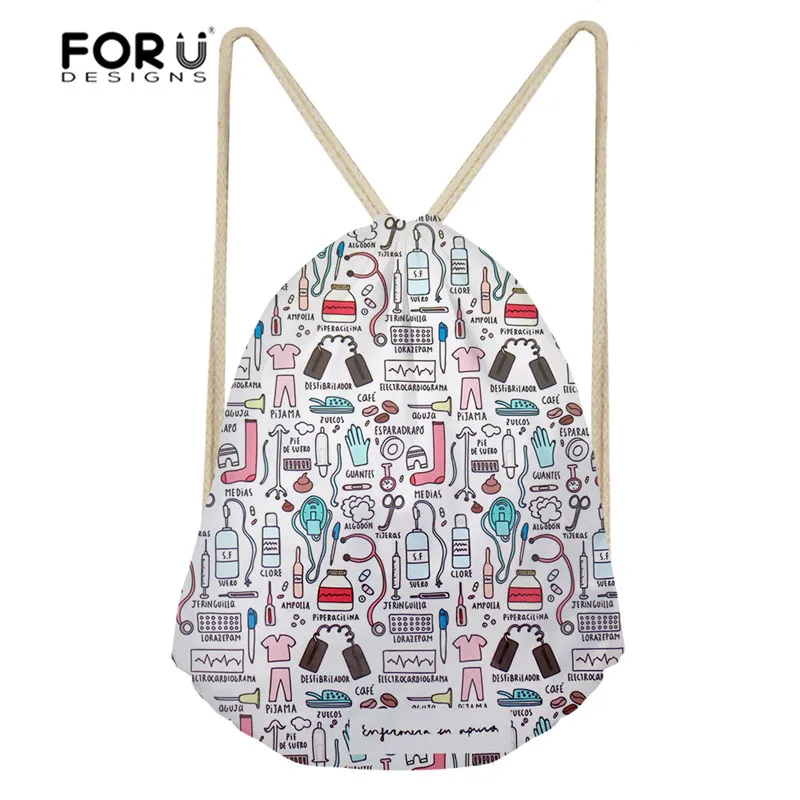 

FORUDESIGNS Cute Nurse Pattern Sport Bags Woman Drawstring Backpack Outdoor Fitness Gym Sack for Girls Cartoon Softback Storage
