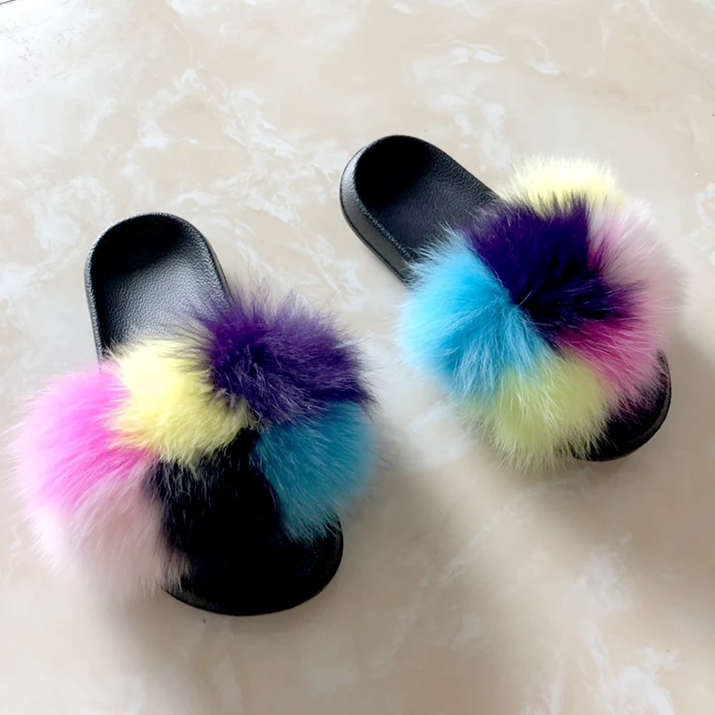 

Yu Kube Real Fox Fur Slides Non-slip Fluffy Fur Slippers Flip Flops Female Cute Furry Slippers House Shoes Women Ladies