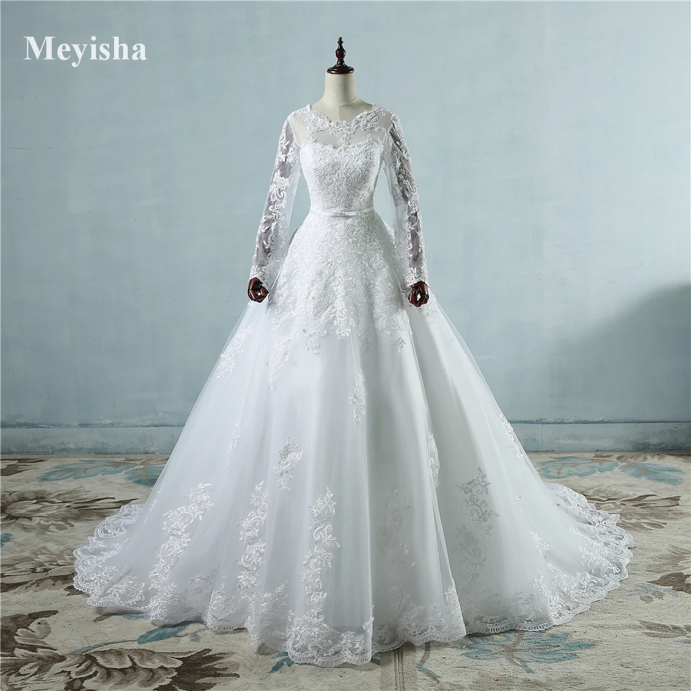 long sleeve bridal gowns ZJ9065 New Arrival 2019 Long Sleeve Wedding Dresses Sheer Tulle Back Sexy Bride Dresses Wedding Gowns Pearls Princess sexy wedding dresses