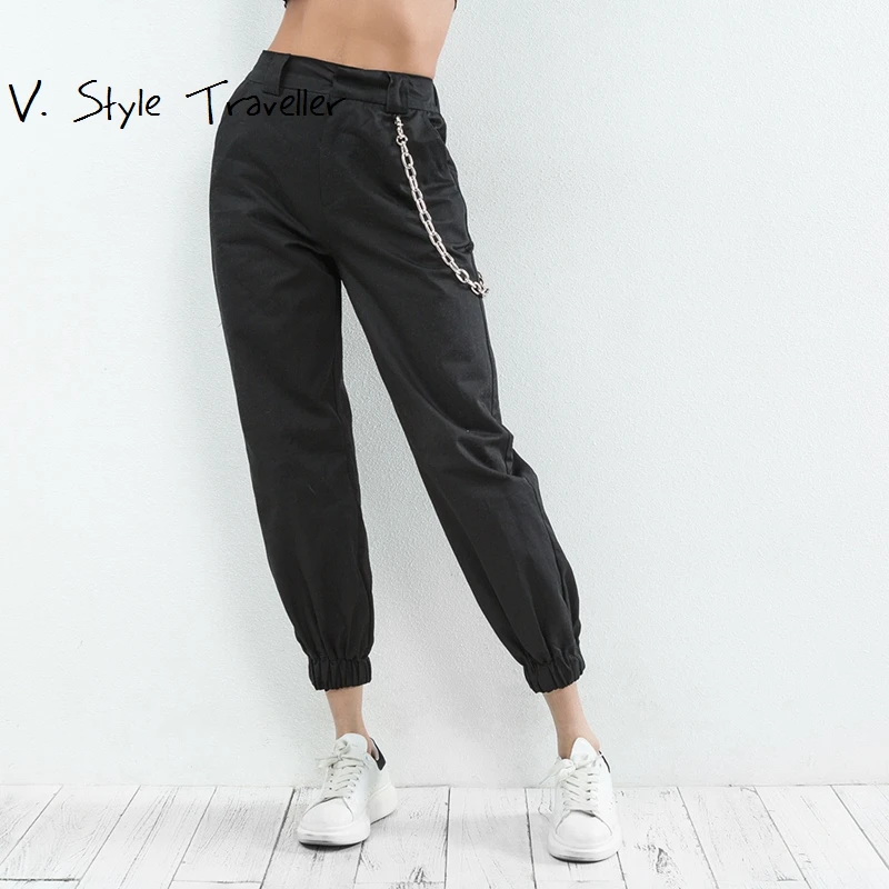High Rise Casual Cigarette Pants Chain Black Capris Fashion Sexy Loose