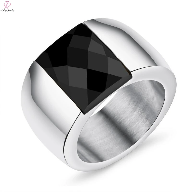 Lefeng Wholesale Statement Black Crystal Mens Rings Stainless Steel