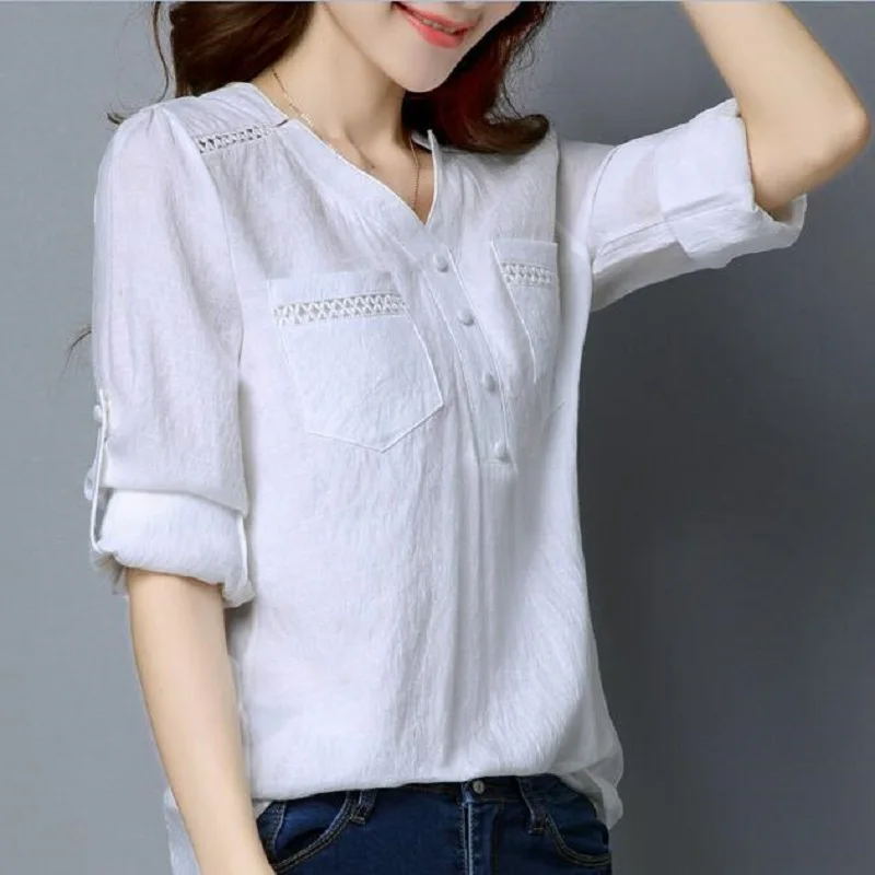 Plus Size V-Neck Casual Female Blouse Shirt Women Basic Long Sleeve Tops Linen and Cotton White Pink Blue Blusa Blouses |