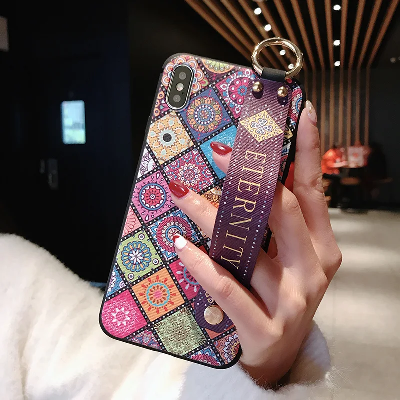 SoCouple Wrist Strap Soft TPU Phone Case For iphone 7 8 6 6s plus Case For iphone X Xs max XR Vintage Flower Pattern Holder Case