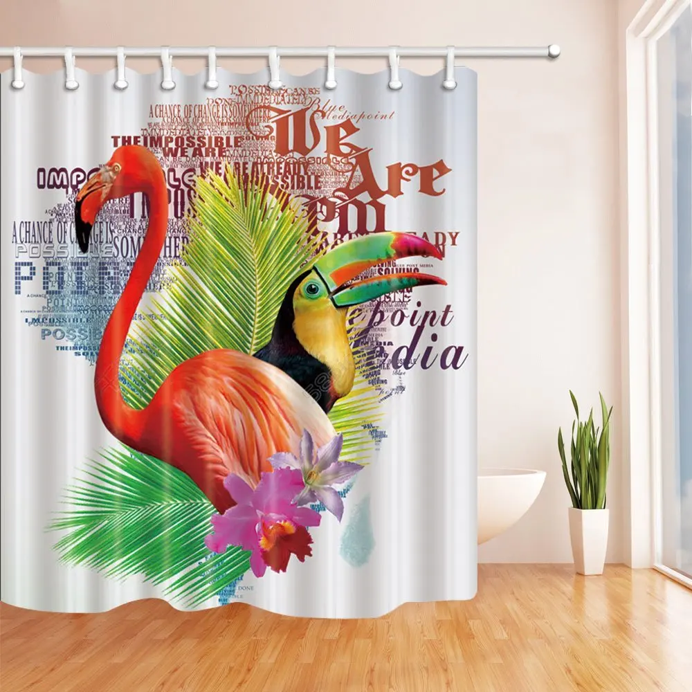 Bird Decor Parrot Flamingo in Palm Leaves Shower Curtain, Mildew