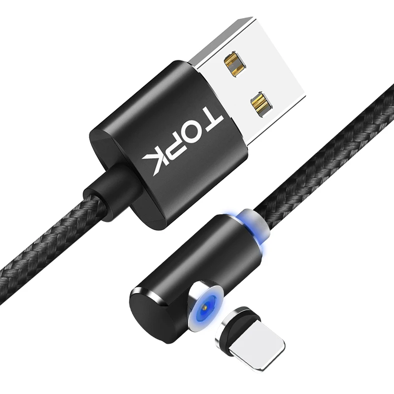 TOPK AM51 90 градусов светодиодный Micro USB кабель Магнитный зарядный кабель для iPhone samsung Xiaomi usb type C Магнитный зарядный кабель адаптер - Цвет: Black Cable