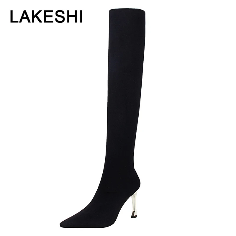 

New Thin Heels Over the Knee Boots Women's Pointed Toe Long Boots Stretch Fabric Ladies Shoes Fashion Women Boots High Heels 8cm