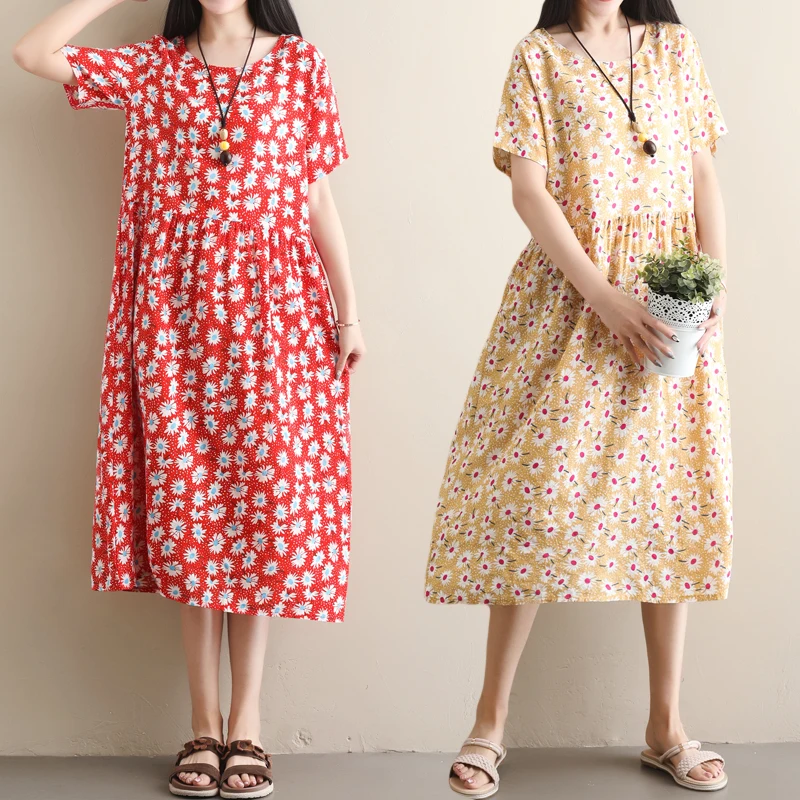 

Fashion 2019 New Women Dresses Casual Plus Size Cotton Linen Summer Dress Short Sleeve O-Neck Loose Print Floral Vintage Dress