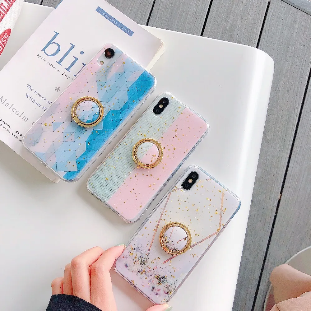 Case For iPhone Xr X Xs Max Cover Fresh Bling Blue Diamond Finger Stand Girly Soft TPU Cases (9)