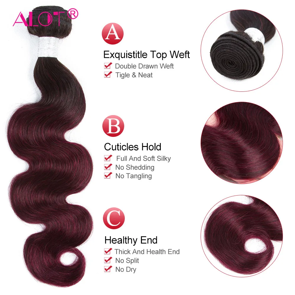 ALot T1B/99J Hair Bundles With Frontal Dark Root Non Remy Malaysia Body Wave Human Hair With Frontal Pre Colored Red Wine Hair