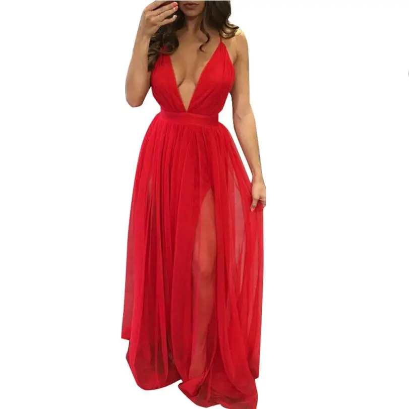 

Sexy Dresses 2018 Evening Deep V Neck Backless Party Dresses See Throught Split Sleeveless Slip Maxi Drees Long Gowns Vestidos