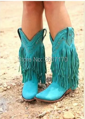 

Fashion Women Spring Autumn Cowboy Boots Fringes Mid-calf Low Heels Bohemia Tassel Shoes Riding Botas Red Gray Motorycle Shoes