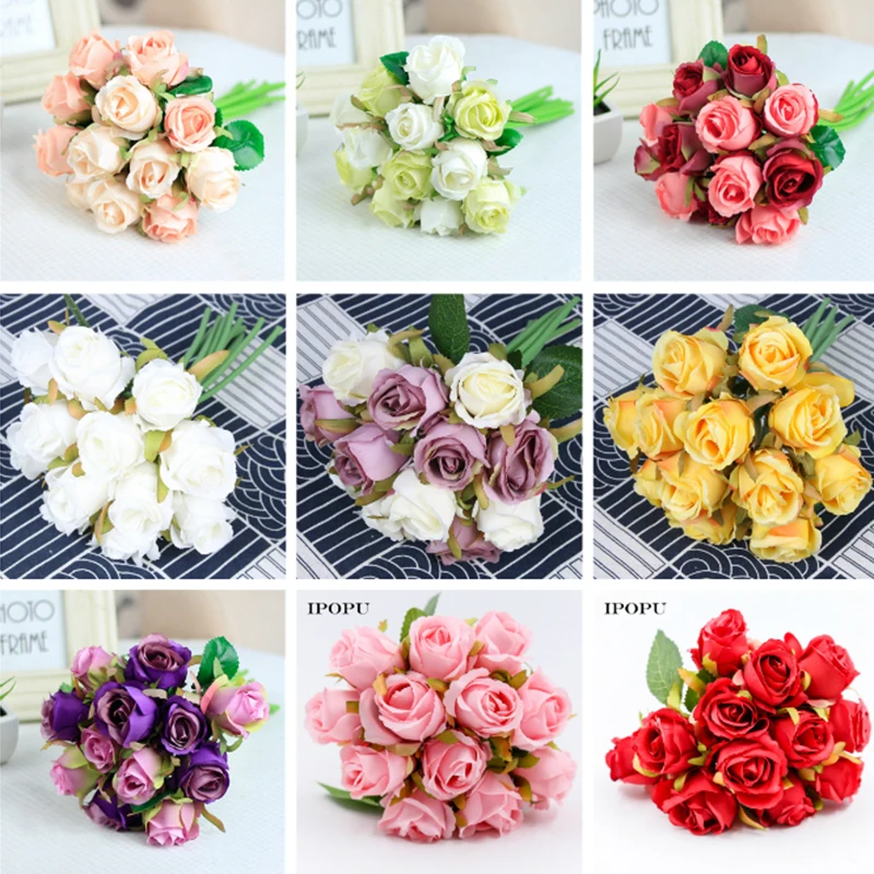 12 шт. искусственные шелковые розы для вечерние шения дома|flower bouquet|flowers home decorationset