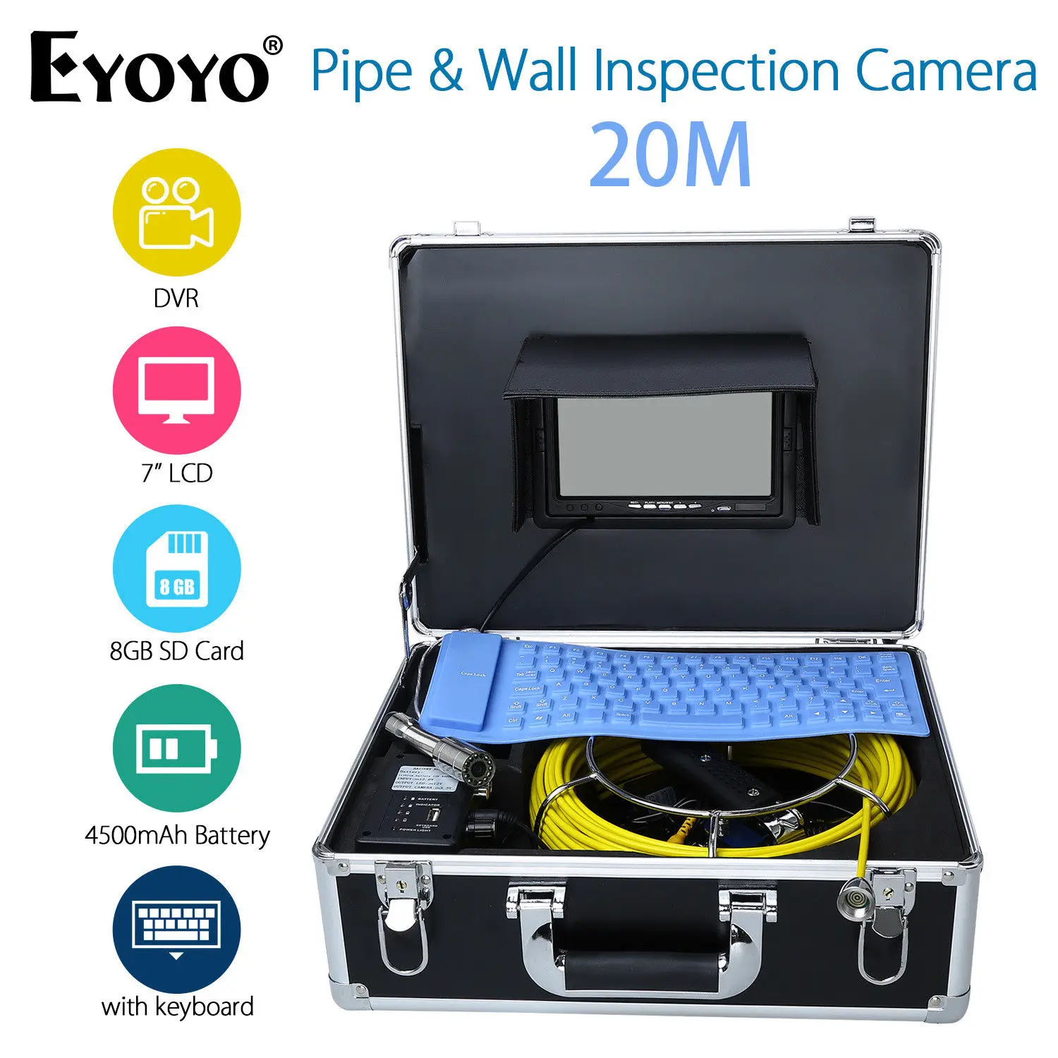 EYOYO 7" LCD Screen 20M Pipe&Wall Inspection Camera Sewer Drain