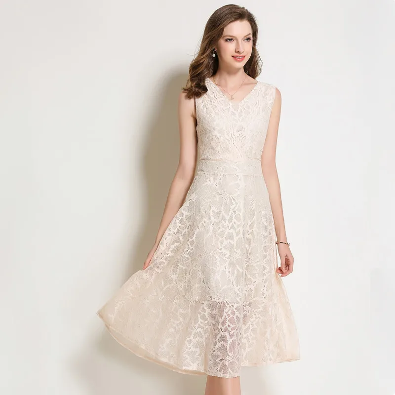 2018 Summer Lace Dress Work Casual Slim Work Women Party Dresses V-neck Sexy Hollow Out A-line Vintage Vestidos