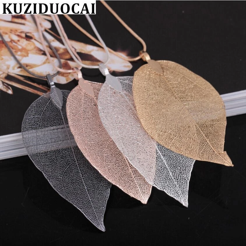 

Kuziduocai New Fashion Fine Autumn Winter Jewelry Natural True Metal Leaves Long Necklaces & Pendant For Women Ladies Gift N-566