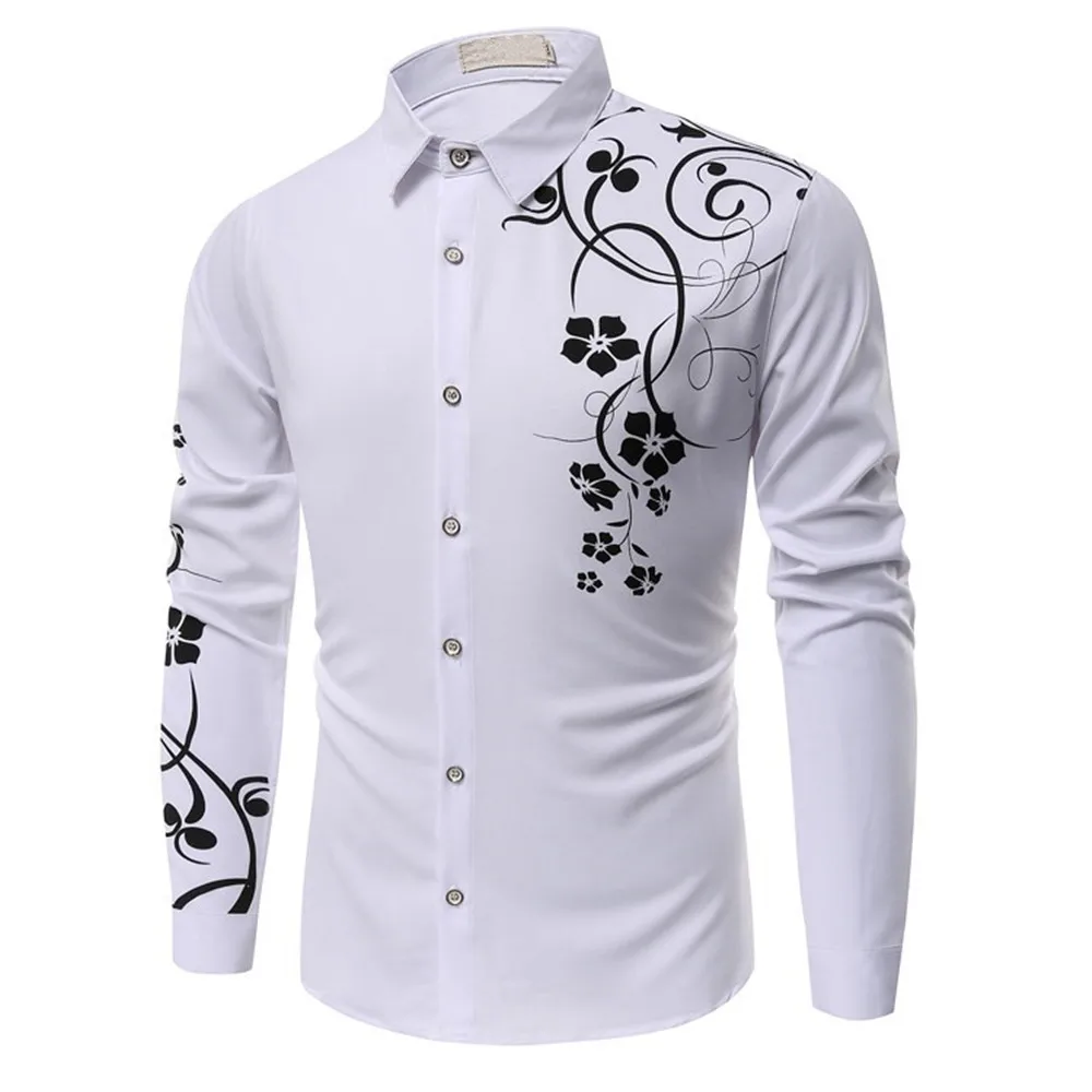 

Vintage Flower Print Shirt Mature Man Wedding Party Costume Turn-down Collar Men Shirts Long Sleeve Clothes Summer Wear 2019 New
