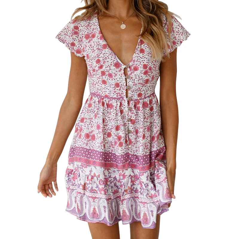 

Summer Beach Boho Pleated Women Sundress Kawaii V-Neck Ruffles Vacation A-line Dress Femme Floral Print Buttons Mini Dress M0506