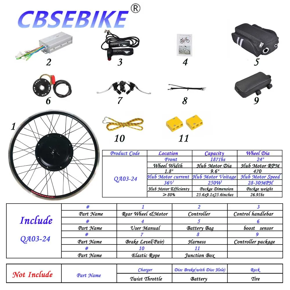 CBSEBIKE Ebike, комплект передних колес, высокая скорость преобразования 36v250w 36v500w 48v500w 48v1000w, 24 дюйма, QB01-24 - Цвет: 24inch 36v250w QA3
