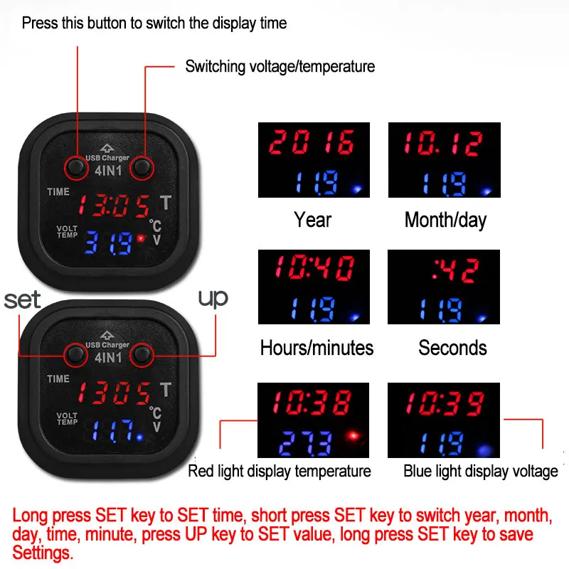 4 в 1 Автомобильный термометр, таймер, двойной дисплей, светодиодный, цифровой, авто, USB зарядное устройство, 12 В/24 В, измеритель температуры