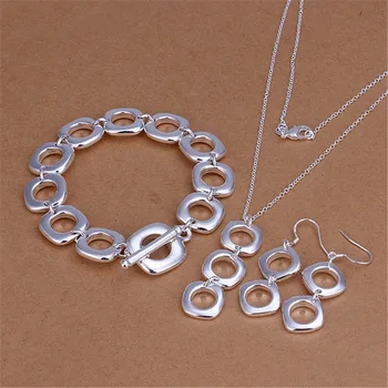 

Hot silver color jewelry set fashion classic European style square geometric pendant necklace bracelet Drop Earrings S163