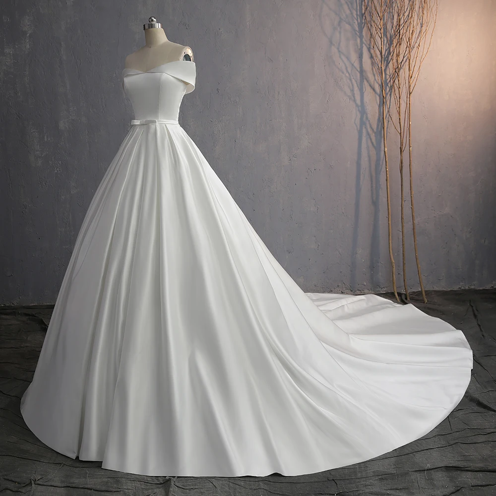 Fansmile Vestido De Noiva элегантное блестящее атласное свадебное платье с длинным шлейфом на заказ, большие размеры, свадебное платье FSM-586T