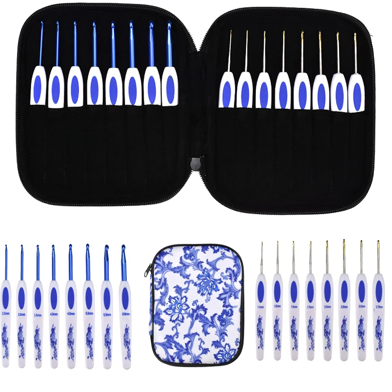 New Classical Style Crochet Hook Set 16pcs Mix Sizes 1.0-6.0mm Aluminum Crochet Needles With Case Sweater Weave Knitting Tools For Women