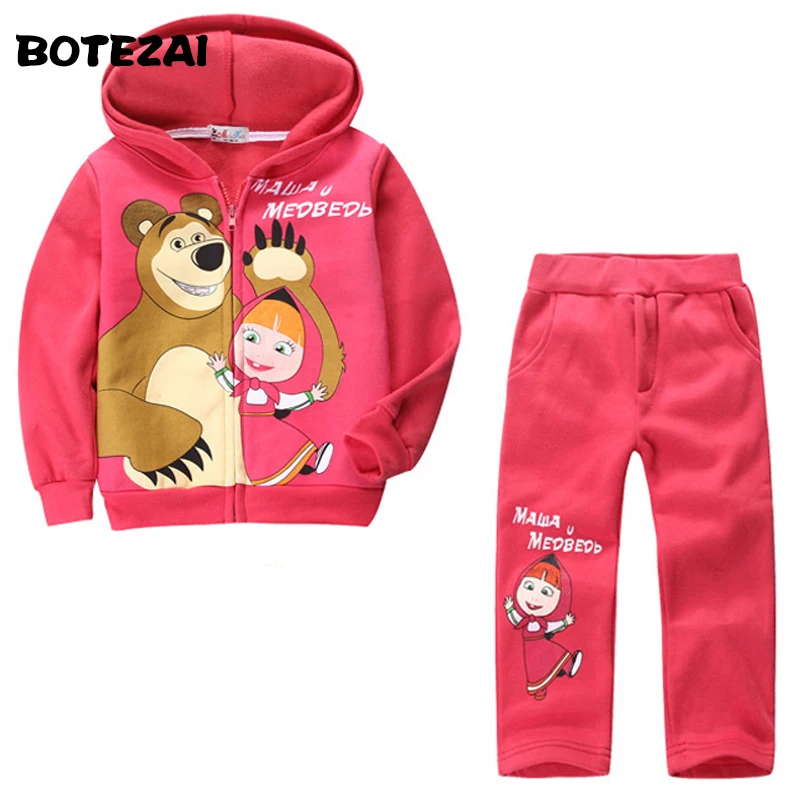 

New 2017 Retail children clothing set, Baby Girls Masha Bear Warm Suit, hoody jacket+pants cartoon clothes kids sportswear