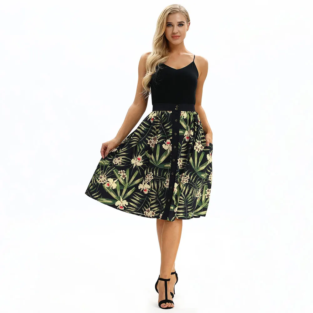Летняя стильная юбка Женская высокая талия юбки винтажная элегантная плиссированная карманная цветочный принт миди юбка