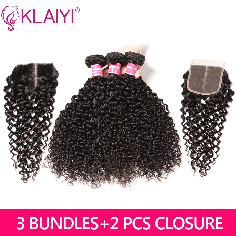 

Klaiyi Hair 3 Bundles With 2 Closure Brazilian Curly Hair With Closure Free Middle Three Part 100% Remy Human Hair Weave Bundles
