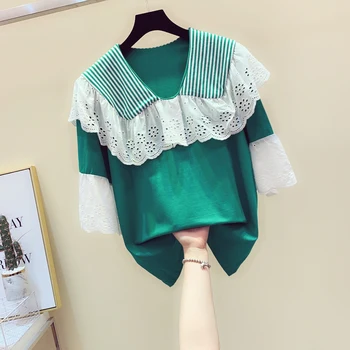 

2019 Summer Clothes New T Shirt Top Women Stripes Hit Color Splice Lotus Leaf Edge Green T-shirt Students Short-sleeved T-shirt