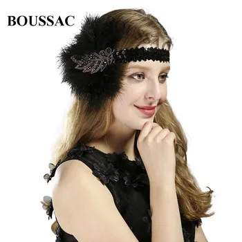 

Women Flapper Feather Headband Hair Accessories Black Rhinestone Beaded Sequin Hair Band Vintage Gatsby Party Fascinator KNNF08