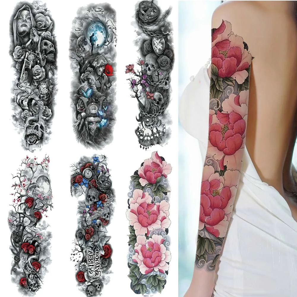 

Full Arm Temporary Tattoos Large Skull Old School Tatoo Stickers Flash Fake Tattoos for Men Women