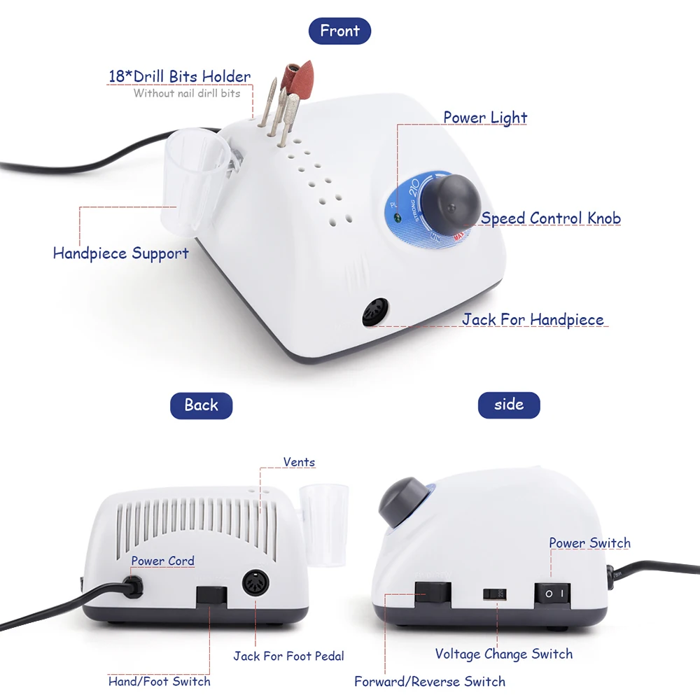 Strong 210 105L 65W 35000RPM Electric Nail Drill Machine 210 Model Handpiece Manicure Pedicure Nail