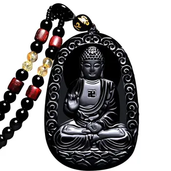 

Koraba Fine Jewelry Clin-kk Pure Natural Obsidian Sakyamuni Tathagata Amitabha Buddha Statuary Necklace Pendant Free Shipping