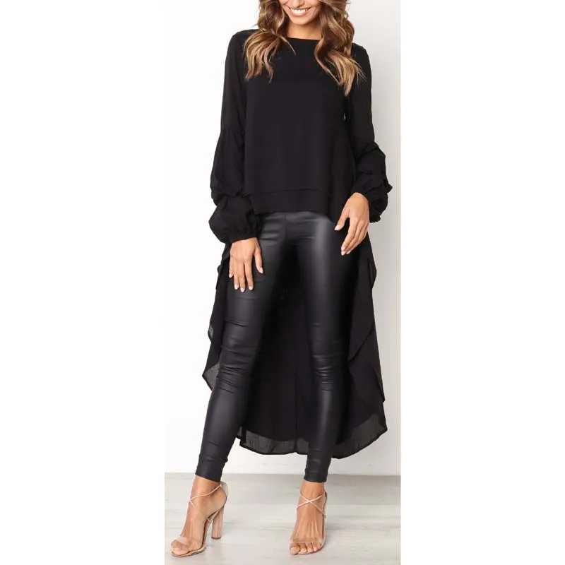 Женская блузка с рукавом-фонариком и высоким низом, блузка с высоким воротом, свободная блузка с длинным рукавом, асимметричная туника, Повседневная рубашка, женская одежда - Цвет: Black Blouse