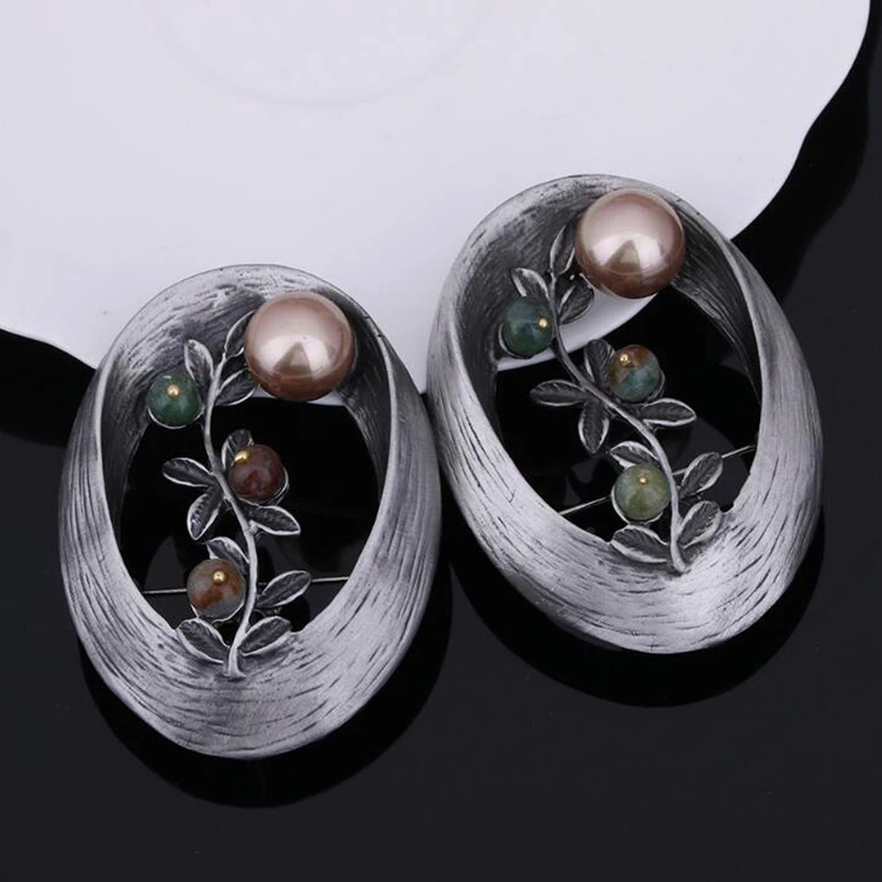 Vintage Natural Stone Jewelry Metal Flower Brooch Pins High Quality