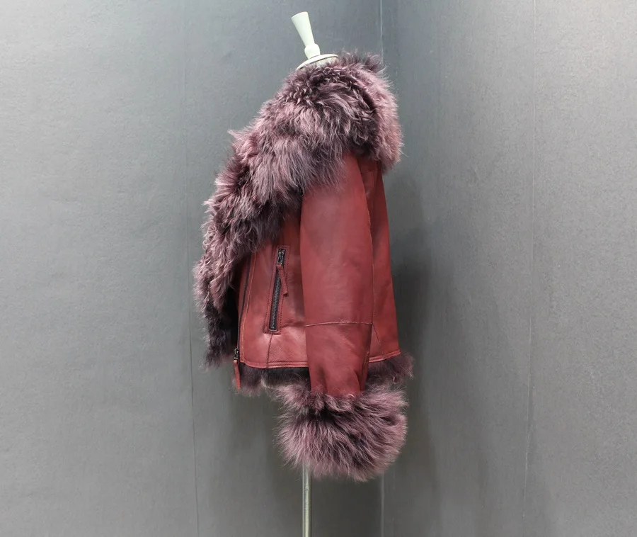 ladies genuine sheepskin leather and fur jacket big collar  (9)