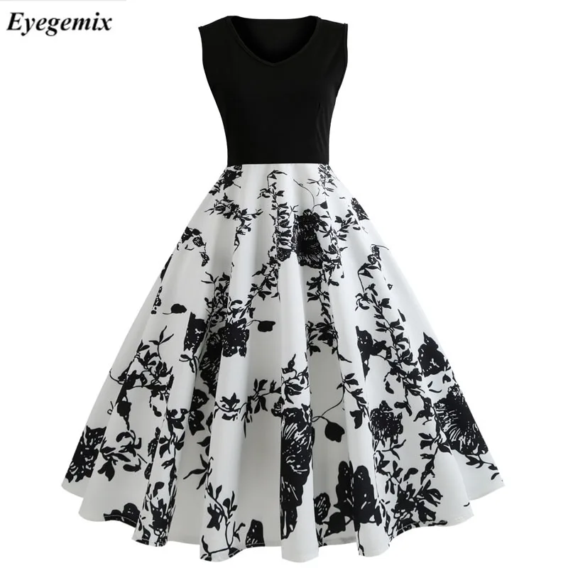 

Summer Dresses Women 2019 Sexy V-neck Floral Print Patchwork Vintage Dress Hepburn 50s 60s Elegant Party Dress Plus Size Vestido
