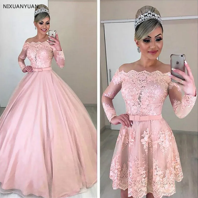 Уникальное Тюлевое свадебное платье с открытыми плечами, 2 в 1, с длинными рукавами, бантом и отстегивающейся юбкой, розовое свадебное платье