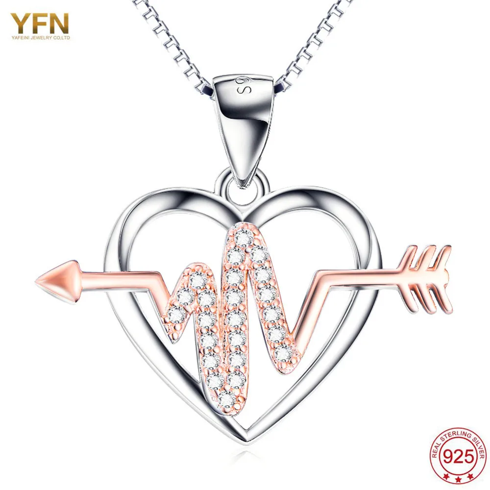 YFN 925 Plata de Ley Rosa Cristal Flecha A Través Del Corazón Amor Colgante Bijoux Collar Feminino Collar de La Joyería Regalos de la Enfermera