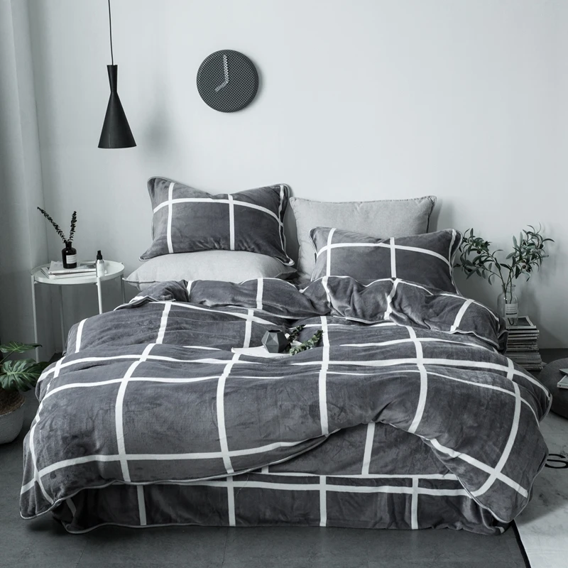 

Black white gray Geometric fleece fabrics Bedding set Queen size Bed set Duvet cover Bedsheet Pillowcases