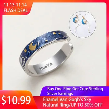 Thaya Genuine s925 Silver Ring Van Gogh's Glitter Deer Sky Gold Moon Star Finger Ring bohemian Vintage jewelry for Women
