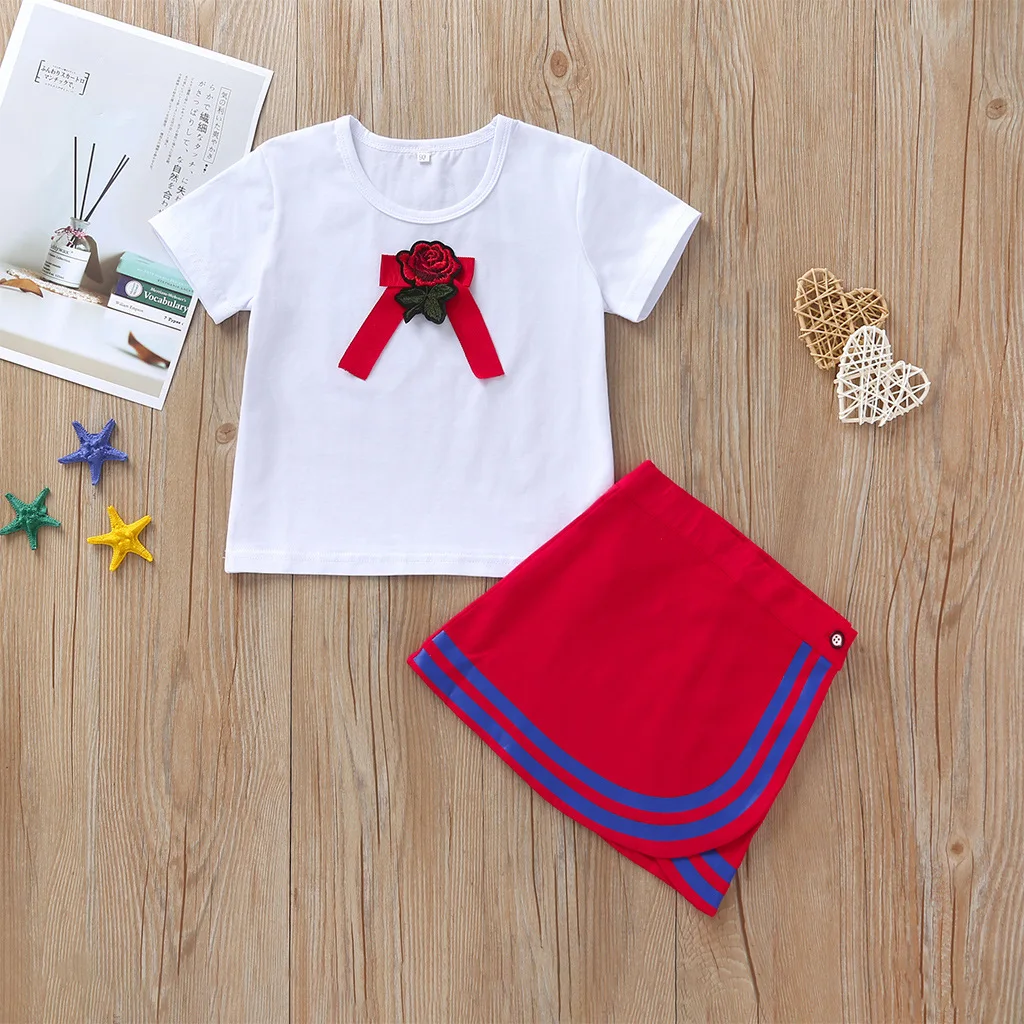 Детская одежда для девочек летняя одежда 2019 г. белая футболка с короткими рукавами с цветочным принтом + красная юбка комплекты одежды из 2