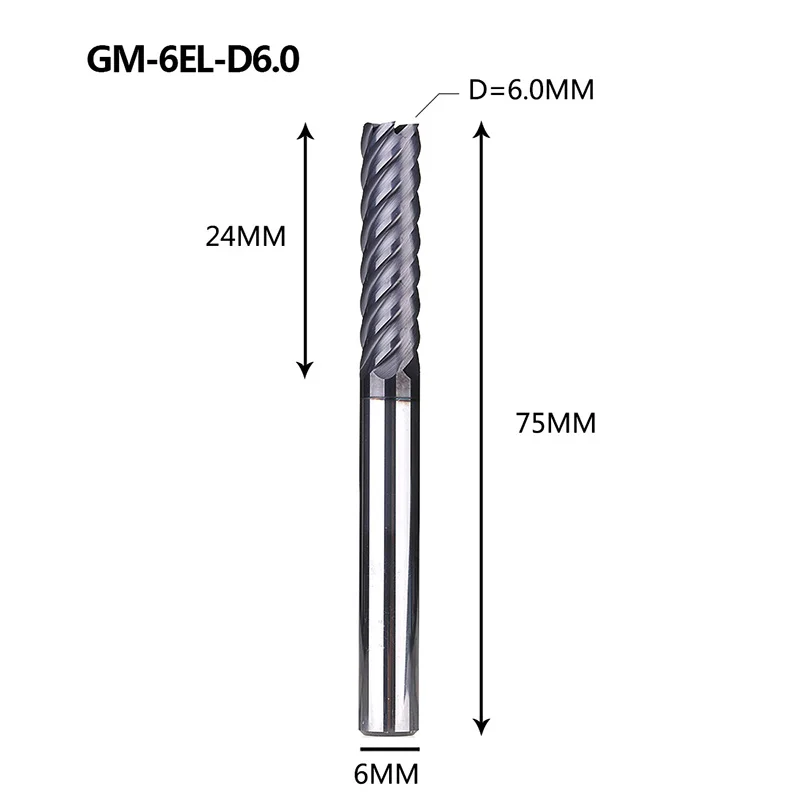 Фрезерный станок с ЧПУ GM-6E GM-6EL из твердой вольфрамовой стали 6 флейт с квадратной головкой с покрытием концевые фрезы для обработки металла HRC40 - Длина режущей кромки: GM-6EL-D6.0